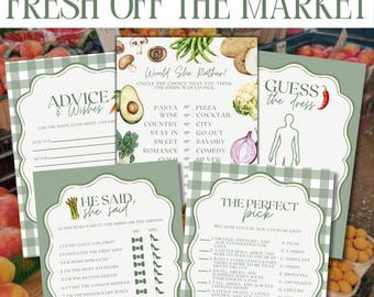 May include: A bundle of bridal shower game templates featuring a sage green gingham border and vegetable illustrations. The cards include titles like Advice & Wishes, Would She Rather, Guess the Dress, He Said She Said, and The Perfect Pick.