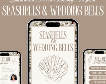 Seashells and Wedding Bells Bachelorette Itinerary Template, Coastal Bach Weekend Mobile Itinerary, Beach Bride Editable Canva Template