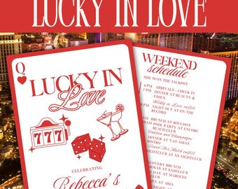 May include: A red and white printable bachelorette itinerary template with the text "Lucky in Love." The design includes playing card suits, dice, and cocktail illustrations. The itinerary is for Rebecca's Bachelorette weekend.