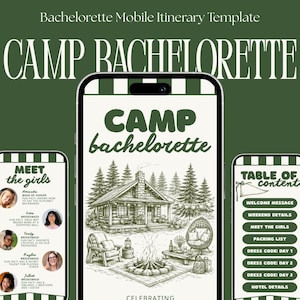 Puede incluir: Una plantilla de itinerario móvil para una despedida de soltera. El diseño presenta el texto "CAMP BACHELORETTE" y "CAMP bachelorette" con ilustraciones de una cabaña, una hoguera y un bosque. La plantilla incluye secciones para "Meet the Girls" y "Table of Contents".