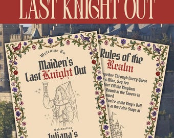 Modello di cartello di benvenuto per addio al nubilato "Last Knight Out", regole per la festa nuziale medievale personalizzabili, poster 18x24 modificabile su Canva.