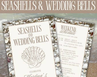 Seashells and Wedding Bells Printable Itinerary Template, Coastal Bachelorette Welcome Card 5x7, Beach Bach Editable Canva Template