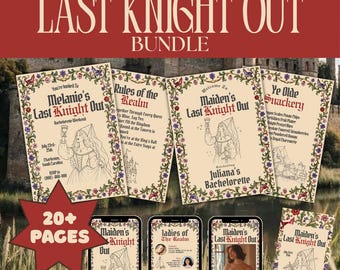 May include: A digital template bundle titled The Ultimate Template Last Knight Out Bundle, featuring multiple event stationery designs with medieval-style floral borders, line art illustrations, and text including Rules of the Realm and Ye Olde Snackery.
