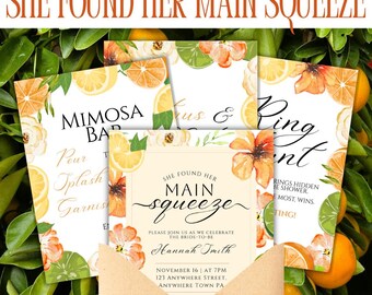 Può includere: Una collezione di modelli per inviti e segnaletica per addio al nubilato con illustrazioni ad acquerello di agrumi e fiori. L'invito centrale mostra il testo "SHE FOUND HER MAIN SQUEEZE" e "Hannah Smith" con i dettagli dell'evento, inserito in una busta color marrone chiaro.