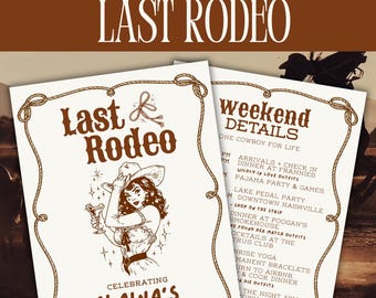 May include: Printable bachelorette itinerary template with the text "LAST RODEO". The design features a cowgirl illustration and rope-style borders. The itinerary includes weekend details and celebrates Alaina's bachelorette.