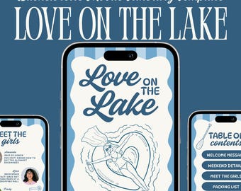 May include: A mobile itinerary template for a bachelorette party, featuring the text "Love on the Lake." The design includes a central illustration of a woman in a heart-shaped floatie. The template is for Sarah's Bachelorette.