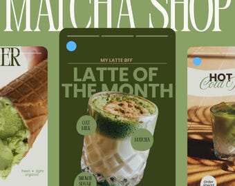 Può includere: Modello di storia di Instagram per un negozio di matcha. Il design presenta un tema verde con il testo "MATCHA SHOP" e "LATTE OF THE MONTH". L'immagine mostra bevande al matcha, tra cui un latte con latte d'avena e sciroppo di zucchero di canna.