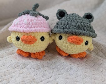 Crochet Duck Plushie: Handmade Amigurumi Duckling with Strawberry/Frog Hat