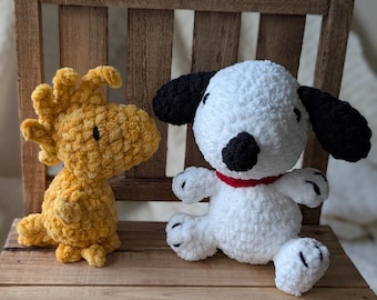 Snoopy and Woodstock Crochet Plushie: Handmade Peanuts Comic Gift Christmas