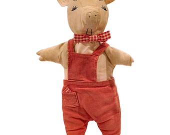 Vintage 1960s Stuffed Cloth Pig Doll - 16" Tall - Handmade Folk Art - Red...
