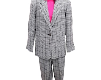 Vtg 80s Requirements Wełniany komplet garniturowy M 21" PTP 28" Talia Houndstooth Dark Academia