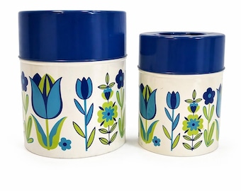 Juego de botes metálicos vintage de los años 60 de Counterpoint Japan, modelo Blue Tulip, estilo MCM Flower Power.