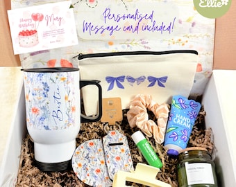 Personalisierte beste Freundin Geburtstagsgeschenkbox, Self-Care-Paket für Sie, Blumengeschenkset, Jubiläumsgeschenk für Frau, Schwester, Geburtstagskarte