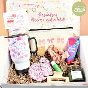 Coffret cadeau d'anniversaire personnalisé pour elle, emballage soins personnels, ensemble cadeau floral, emballage soins personnels pour femme, meilleure amie, soeur, carte d'anniversaire