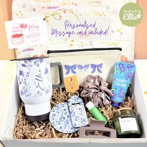 Bloemencadeauset voor moeder, gepersonaliseerde verjaardagscadeaudoos, zelfzorgpakket voor haar, verjaardagscadeau voor vrouw, cadeau zus, wenskaart