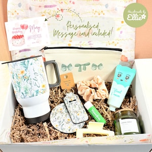 Caixa de presente de aniversário personalizada, conjunto de presente floral para filha, pacote de autocuidado para ela, presente de aniversário para esposa, presente para irmã