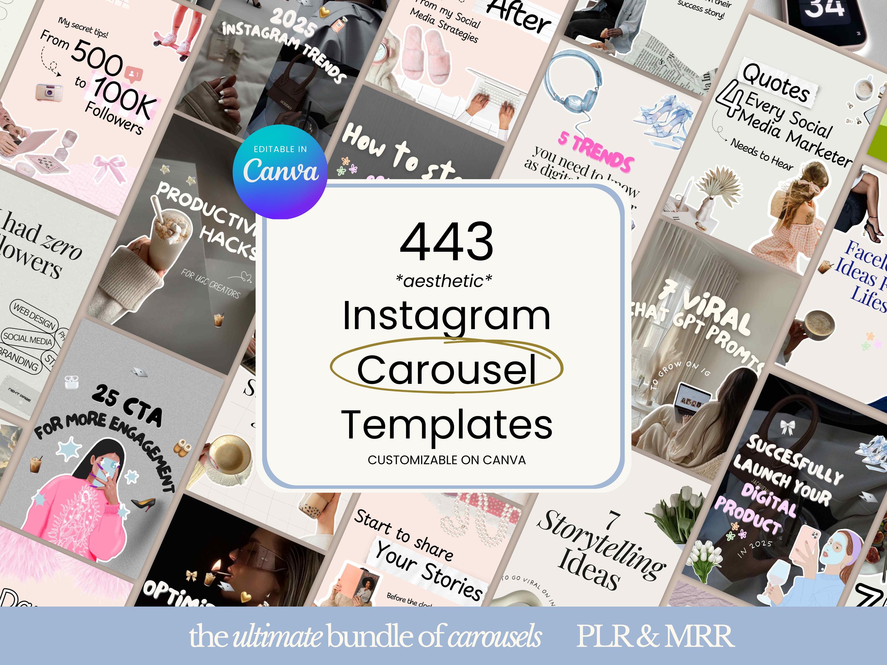 Instagram Carousel Template Mega Bundle, Canva Social Media Manager Templates for Coaches, Aesthetic + Trendy TikTok + Thread Post Templates