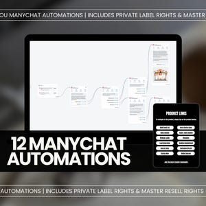 May include: A digital product display featuring a tablet and a laptop. The laptop screen shows a workflow diagram, while the tablet displays product links. The text "12 Manychat Automations" is prominently displayed. The image also includes the text "Done for you Manychat Automations | Includes Private Label Rights & Master Resell Rights".