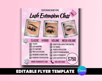 May include: Pink flyer with the text "Lash Extension Class" in black. The flyer is divided into four sections, each with a different lash extension style: Classic, Hybrid, Volume, and Mega Volume. Each section lists the skills learned in the class, such as theory, lash mapping, eye anatomy, and sanitation and infection control. The flyer also includes the price of the class, $750, and a website and phone number to contact the business.