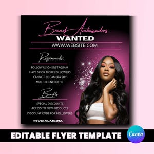Brand Ambassador Wanted Flyer, Editable Canva Template for Instagram, Models Needed Social Media Influencer Flyer, Beauty Business Flyer