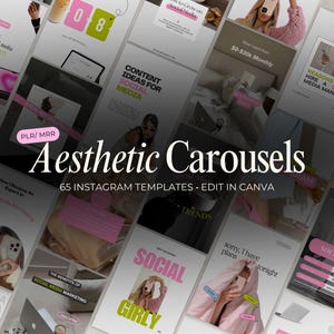 Peut inclure: Graphique "Aesthetic Carousels" avec le texte "65 modèles Instagram Edit in Canva". L'image présente plusieurs maquettes de publications sur les réseaux sociaux avec des accents roses et blancs. Le texte comprend "PLR/MRR" et d'autres conseils de marketing.