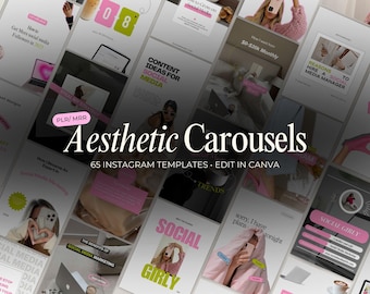May include: Aesthetic Carousels graphic with the text "65 Instagram Templates Edit in Canva." The image features multiple mockups of social media posts with pink and white accents. The text includes "PLR/MRR" and other social media marketing tips.