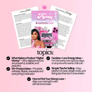 K&ouml;nnte beinhalten: Eine rosa Grafik mit dem Titel "Digital Money" und dem Bild einer Frau, eines rosa Autos und eines Telefons. Die Grafik enth&auml;lt Text &uuml;ber Online-Verkauf, Social-Media-Strategie und Themen wie Produktideen und Verkaufstipps.