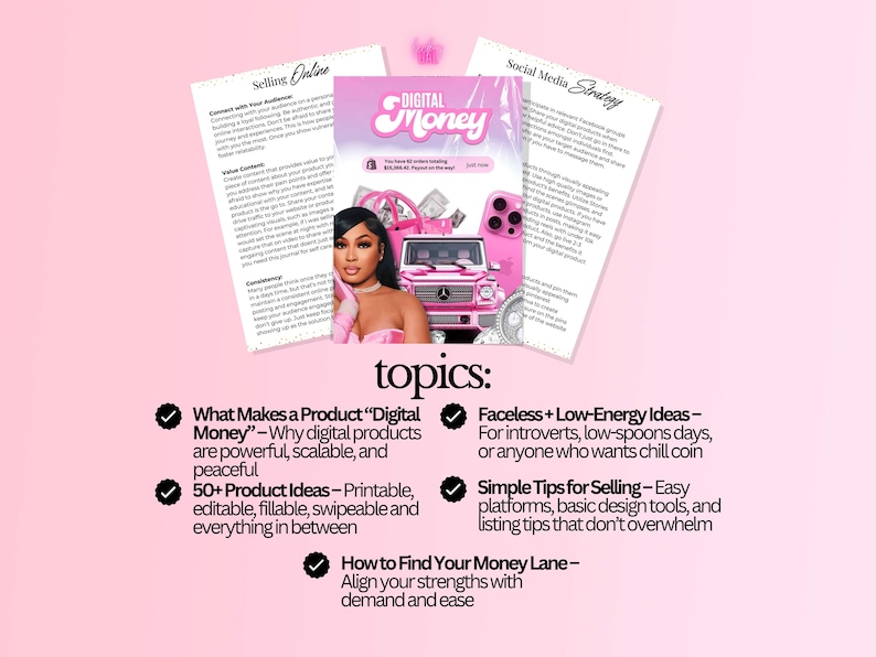 K&ouml;nnte beinhalten: Eine rosa Grafik mit dem Titel "Digital Money" und dem Bild einer Frau, eines rosa Autos und eines Telefons. Die Grafik enth&auml;lt Text &uuml;ber Online-Verkauf, Social-Media-Strategie und Themen wie Produktideen und Verkaufstipps.