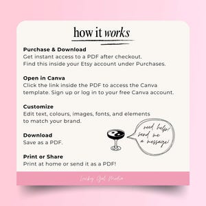 May include: A cream-coloured graphic with the text "how it works" and instructions for purchasing and downloading a PDF template. Includes a cocktail glass illustration and a speech bubble that says "need help? send me a message!"
