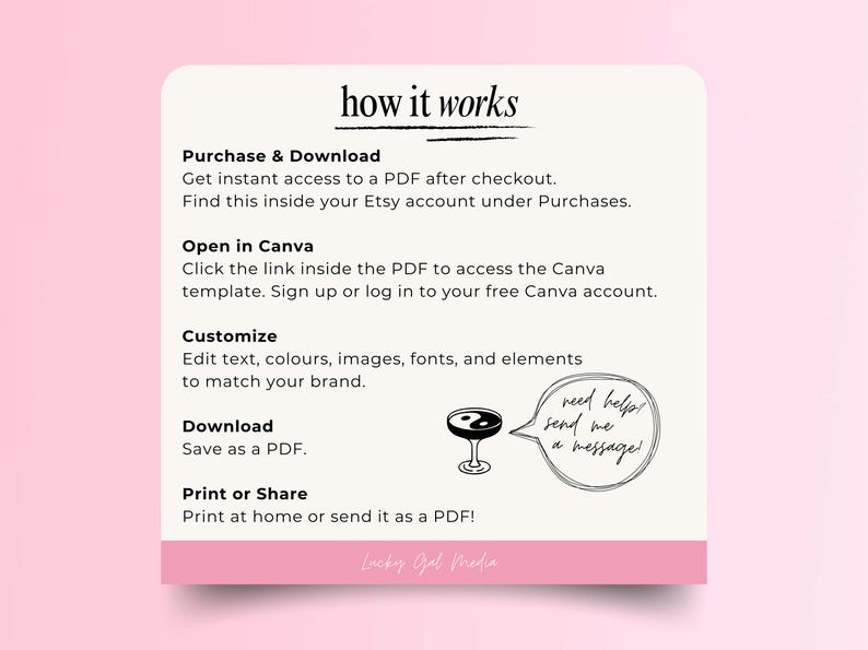 May include: A cream-coloured graphic with the text "how it works" and instructions for purchasing and downloading a PDF template. Includes a cocktail glass illustration and a speech bubble that says "need help? send me a message!"