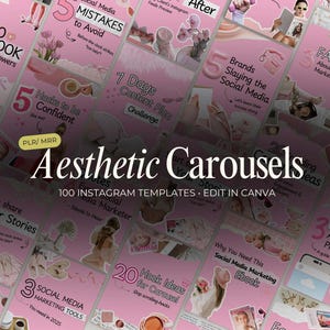 May include: Aesthetic Carousels Instagram templates in pink. The image features multiple pink slides with text like "5 Mistakes to Avoid", "7 Days Content Plan Challenge", and "100 Instagram Templates".