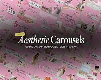 Pode incluir: Modelos Instagram Aesthetic Carousels em rosa. A imagem apresenta vários slides rosa com texto como "5 erros a evitar", "Desafio do plano de conteúdo de 7 dias" e "100 modelos Instagram".