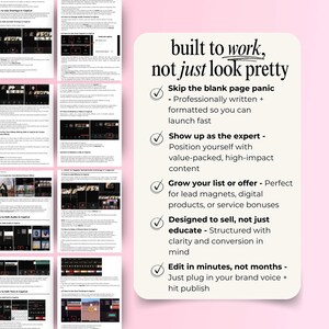 Image shows a collage of ebook pages with CapCut video editing tutorials, screenshots, and step-by-step instructions. On the right, a beige box says “built to work, not just look pretty” with checkmarks and benefits: skip blank page panic, show up as the expert, grow your list or offer, designed to sell not just educate, edit in minutes not months. Soft pink background, modern style for digital entrepreneurs selling or customizing PLR guides.