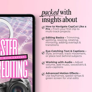 Image shows a tablet with a pink graphic that says “MASTER VIDEO EDITING: How to Edit with CapCut,” over a pastel water background and camera photo. On the right, black text reads “packed with insights about” followed by bullet points: navigating CapCut, editing basics, eye-catching text & captions, working with audio, and advanced motion effects. Modern, feminine style designed to promote a digital video editing guide.