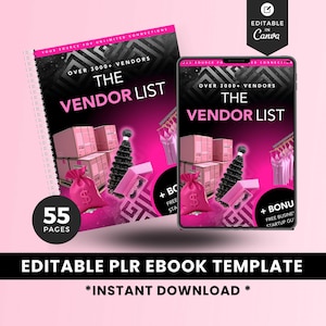 以下が含まれることがあります： ピンクと黒の電子書籍カバーで、「Over 3000+ Vendors The Vendor List」と「55 Pages」のテキストが書かれています。カバーはピンクの背景に黒いテキストと、箱、ヘアエクステンション、ギフトバッグの画像が描かれています。