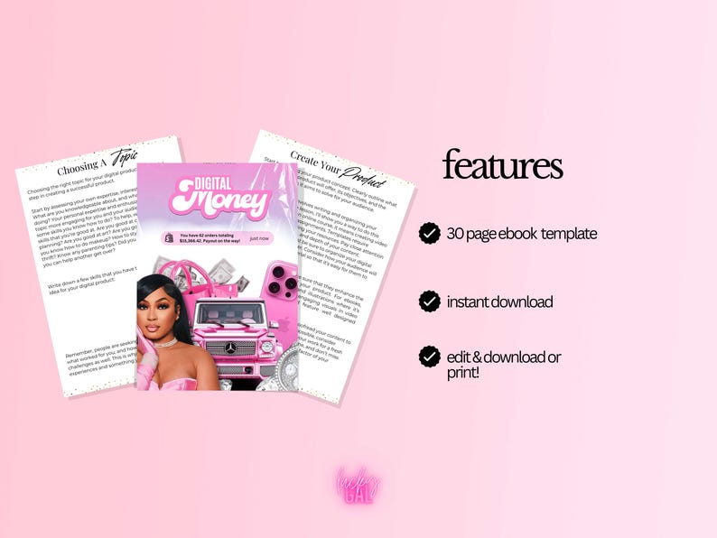 K&ouml;nnte beinhalten: Rosafarbenes E-Book-Cover mit dem Titel "DIGITAL MONEY" und einem Frauenbild. Das Cover zeigt ein rosa Auto, ein Telefon und eine Tasche mit Geld. Das Bild enth&auml;lt auch drei Textseiten und das Wort "features" mit drei Aufz&auml;hlungspunkten: 30-seitige E-Book-Vorlage, sofortiger Download und bearbeiten und herunterladen oder drucken!
