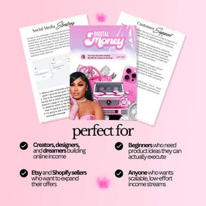 K&ouml;nnte beinhalten: Eine rosa Grafik mit dem Text "DIGITAL MONEY" und einem Frauenbild, umgeben von Dokumenten. Das Bild enth&auml;lt ein rosa Auto, Accessoires und die Worte "perfect for", gefolgt von Aufz&auml;hlungspunkten f&uuml;r Kreative, Anf&auml;nger und Verk&auml;ufer.
