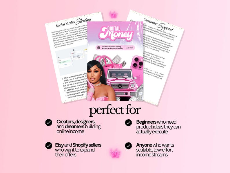 K&ouml;nnte beinhalten: Eine rosa Grafik mit dem Text "DIGITAL MONEY" und einem Frauenbild, umgeben von Dokumenten. Das Bild enth&auml;lt ein rosa Auto, Accessoires und die Worte "perfect for", gefolgt von Aufz&auml;hlungspunkten f&uuml;r Kreative, Anf&auml;nger und Verk&auml;ufer.