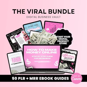 50 Viral PLR eBooks Bundle, Digital Business MRR Rich Girl eBook Vault, Done-for-You Digital Products for Faceless Marketing, Canva Template