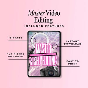Image shows a tablet with a pink cover reading “MASTER VIDEO EDITING: How to Edit with CapCut,” featuring a camera and ring light over a water ripple background. Surrounding text highlights included features: “19 pages,” “PLR rights included,” “instant download,” and “easy to print.” Top text says “Master Video Editing Included Features.” Feminine, modern design aimed at digital entrepreneurs and content creators selling or using PLR products.