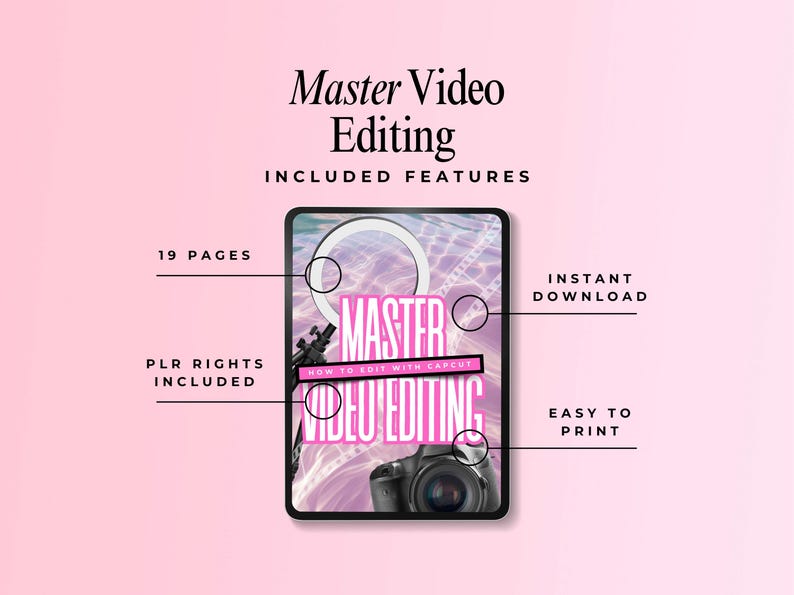 Image shows a tablet with a pink cover reading “MASTER VIDEO EDITING: How to Edit with CapCut,” featuring a camera and ring light over a water ripple background. Surrounding text highlights included features: “19 pages,” “PLR rights included,” “instant download,” and “easy to print.” Top text says “Master Video Editing Included Features.” Feminine, modern design aimed at digital entrepreneurs and content creators selling or using PLR products.