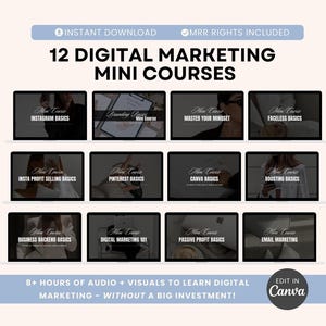 May include: A laptop screen displaying 12 digital marketing mini courses, each with a title and a black and white image. The titles include "Instagram Basics", "Branding Mini Course", "Master Your Mindset", "Faceless Basics", "Insta Profit Selling Basics", "Pinterest Basics", "Canva Basics", "Boosting Basics", "Business Backend Basics", "Digital Marketing 101", "Passive Profit Basics", and "Email Marketing". The text "8+ Hours of Audio + Visuals to Learn Digital Marketing - Without a Big Investment!" is displayed below the mini courses. The text "Edit in Canva" is displayed in a blue box in the bottom right corner of the image.