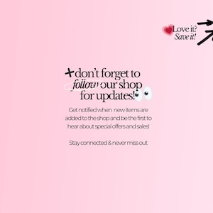 Call-to-action graphic reminding customers to follow the Etsy shop for notifications on new products, sales, and exclusive updates. Stylish typography and accents like hearts, arrows, and eye emojis complete the look