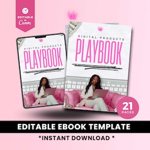Puede incluir: Plantilla de libro electrónico de producto digital rosa con el texto "PLAYBOOK" en una fuente rosa en negrita. La imagen incluye una tableta y un libro, ambos mostrando el diseño del libro. También se ven las palabras "EDITABLE EBOOK TEMPLATE" y "INSTANT DOWNLOAD".