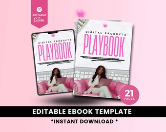 May include: A pink digital product playbook template with the word "PLAYBOOK" in a bold pink font. The image shows a tablet and a book, both displaying the playbook design. The words "EDITABLE EBOOK TEMPLATE" and "INSTANT DOWNLOAD" are also visible.