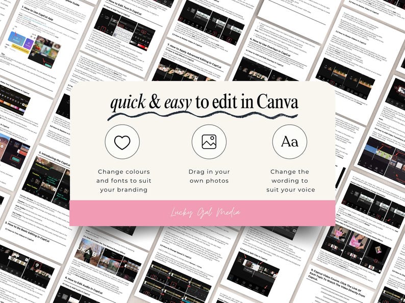 Image shows a collage of ebook pages with CapCut editing tutorials, screenshots, and text instructions laid out in neat columns. Center beige box says “quick & easy to edit in Canva” with icons and text: change colors and fonts to suit your branding, drag in your own photos, change the wording to suit your voice. Bottom pink bar reads “Lucky Gal Media.” Clean, modern design aimed at entrepreneurs customizing digital guides.