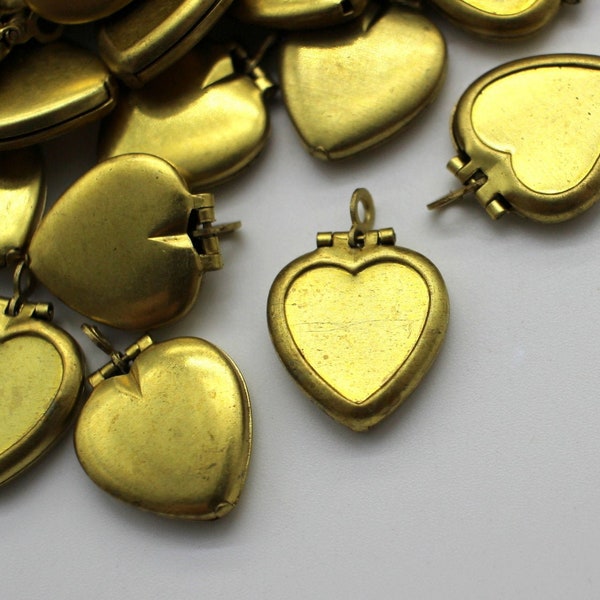 4 Vintage Brass Heart Lockets 15x14mm