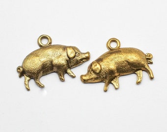 Oxidized Brass Opposing Pig Charms Small Pendants Earring Findings