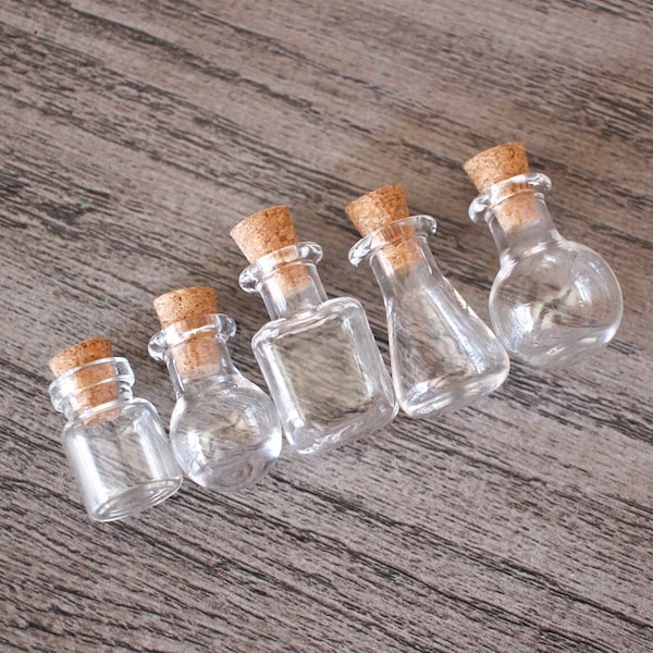 Mini Glass Jar Vials Tiny Glass Bottles Cork Top - Choose Shape and Quantity