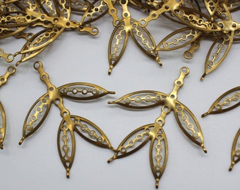 6 Large Vintage Brass Filigree Leaf Findings